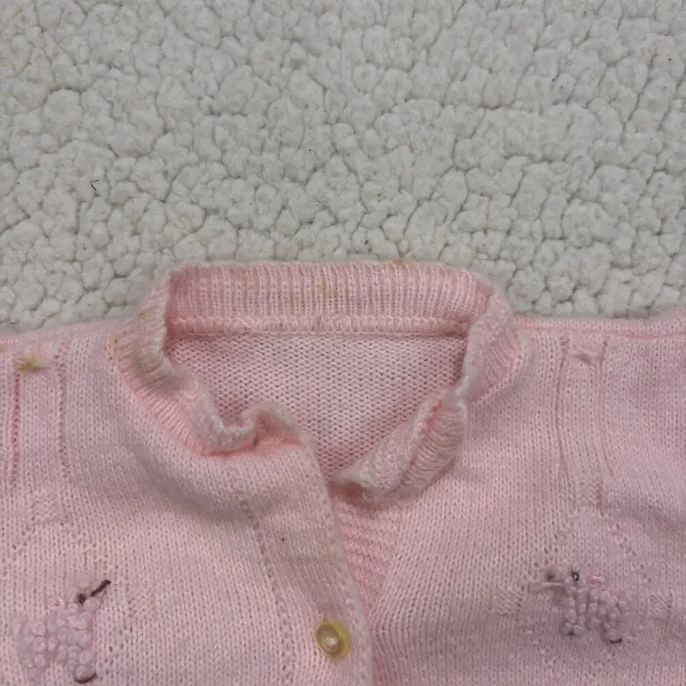 Vintage Hand Knit Pink Baby‎ Girls Toddler Cardigan Sweater Cable Poodle Dog
